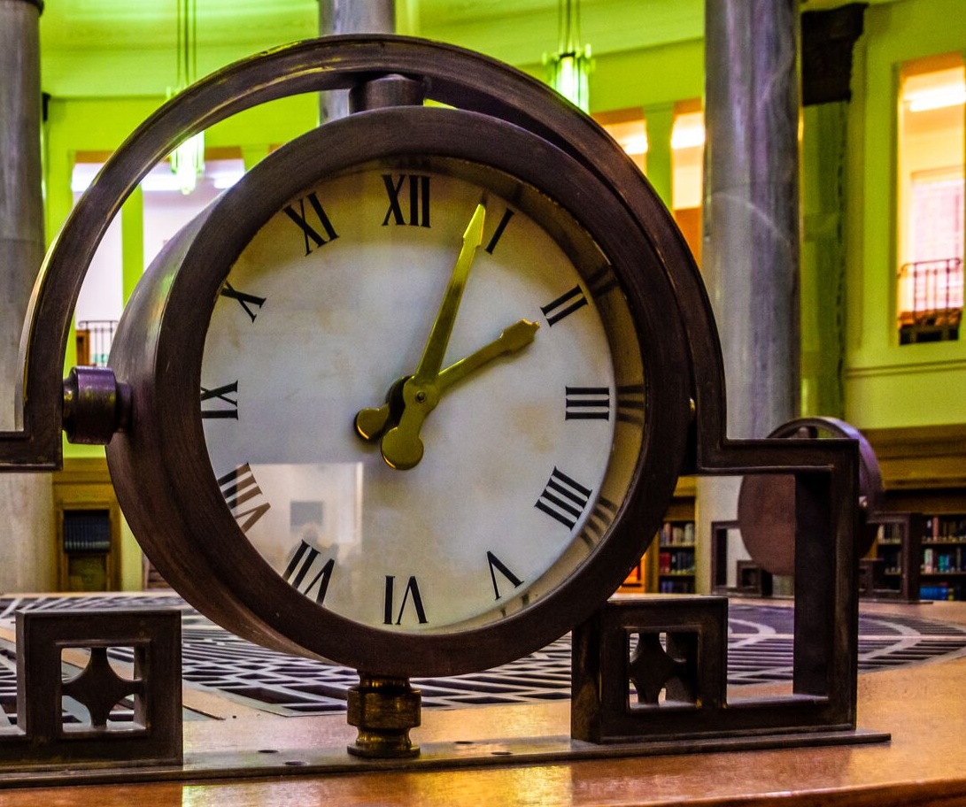 An analogue clock.